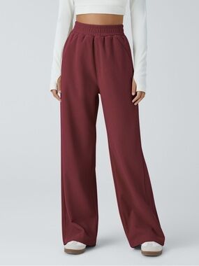 Wide-Leg Ribbed Lounge Pants in Burgundy